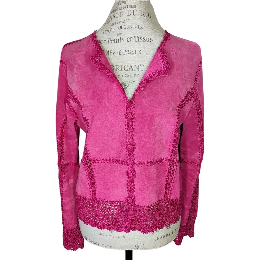 Suede Essentials Leather Jacket Pink Womens Large Crochet Patchwork Boho Cowgirl